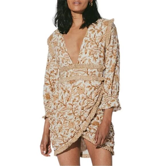 Cleobella Victoria Tan Floral Pleated Peasant Mini Dress| XS - Picture 1 of 14